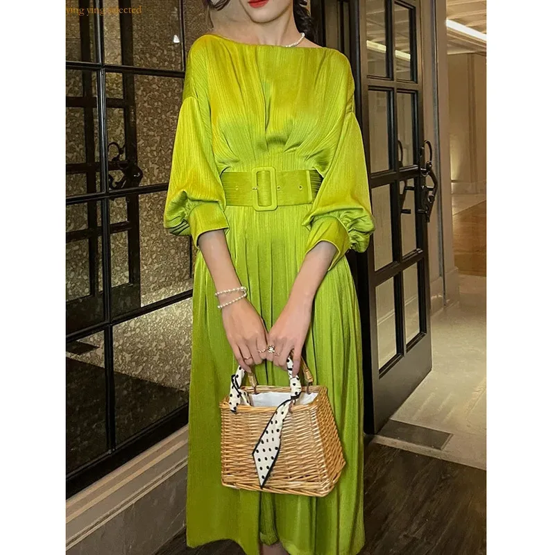 

Y-Y Elegant Solid evening dress For Women Slash Neck Lantern Sleeve Sashes Lace Up Midi Dresses Female Spring Clothing New