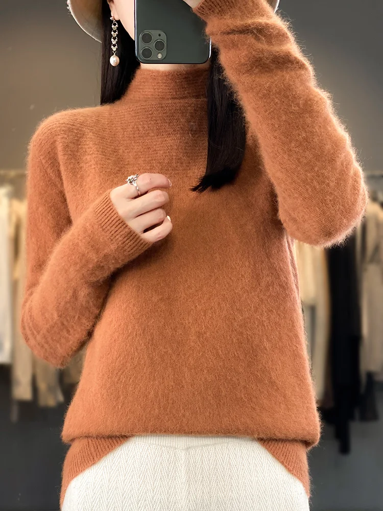 

Winter Spring Women Sweater Solid 100% Mink Cashmere Mock-neck Knitted Pullovers Soft Warm Female Jumper Long Sleeve Basic Tops