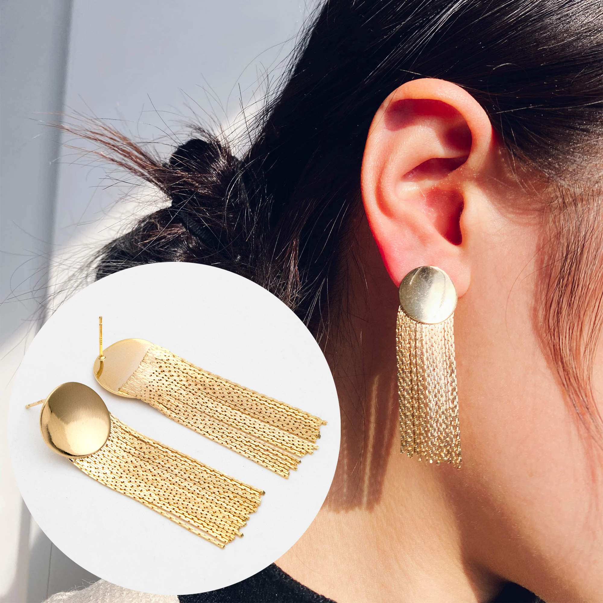 

4pcs Round Disc Tassel Ear Posts 48mm, 18K Gold Plated Brass Dangling Stud Earring (GB-3356)