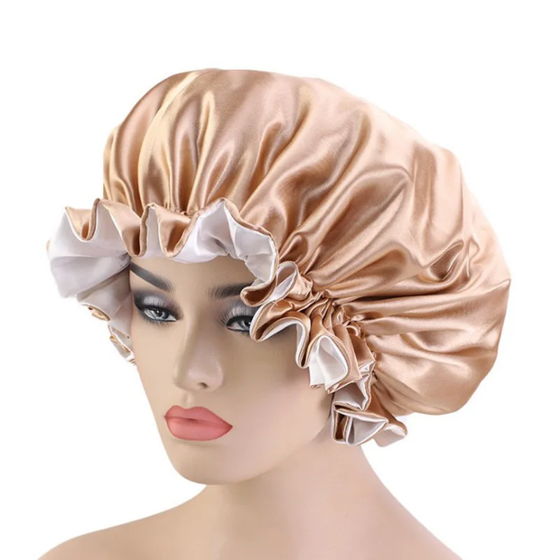 

Fashion Women Shower Caps Hair Satin Bonnet for Sleeping Double Layers Lace Beauty Salons Head Cover Hat Bathroom Accessories