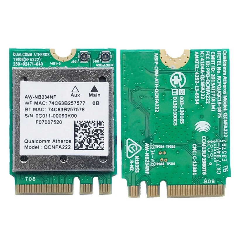 2X QCNFA222 AW-NB234NF 802.11A/B/G/N Wireless WIFI Bluetooth Card 2.4Ghz 5Ghz Wifi + BT 4.0 NGFF Wlan
2X QCNFA222 AW-NB234NF 802.11A/B/G/N Wireless WIFI Bluetooth Card 2.4Ghz 5Ghz Wifi + BT 4.0 NGFF Wlan
