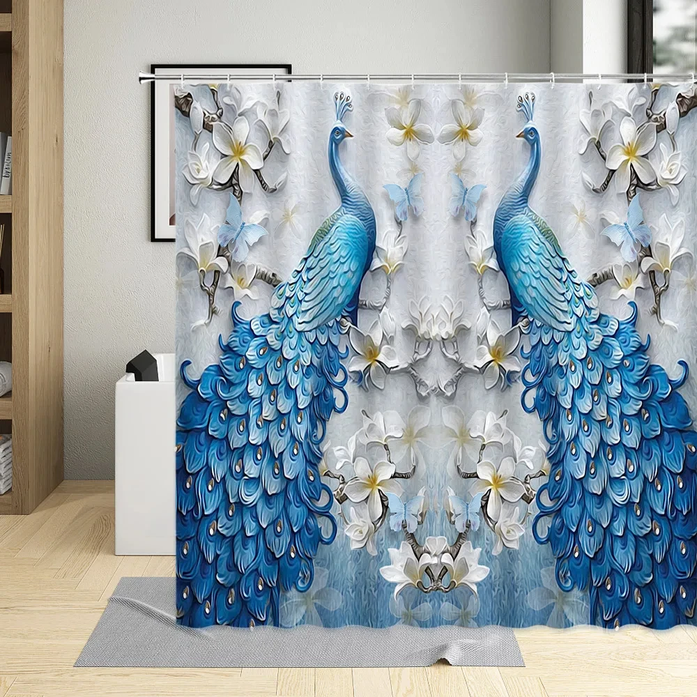

Синяя занавеска для душа с павлином, креативные белые цветы, Бабочка, китайский стиль, птицы, художественный принт, современный декор для ванной комнаты