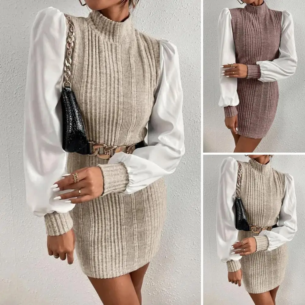 

Women Spring Dress Slim Fit Patchwork High Collar Ribbed Long Sleeve Contrast Color Sheath Tight Waist Above Knee Mini Dress