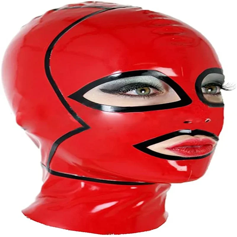 

Sexy Latex Hood Rubber Mask Fetish Black with Red Handmade Open Eyes Mouth Halloween Cosplay Costumes for Men Women