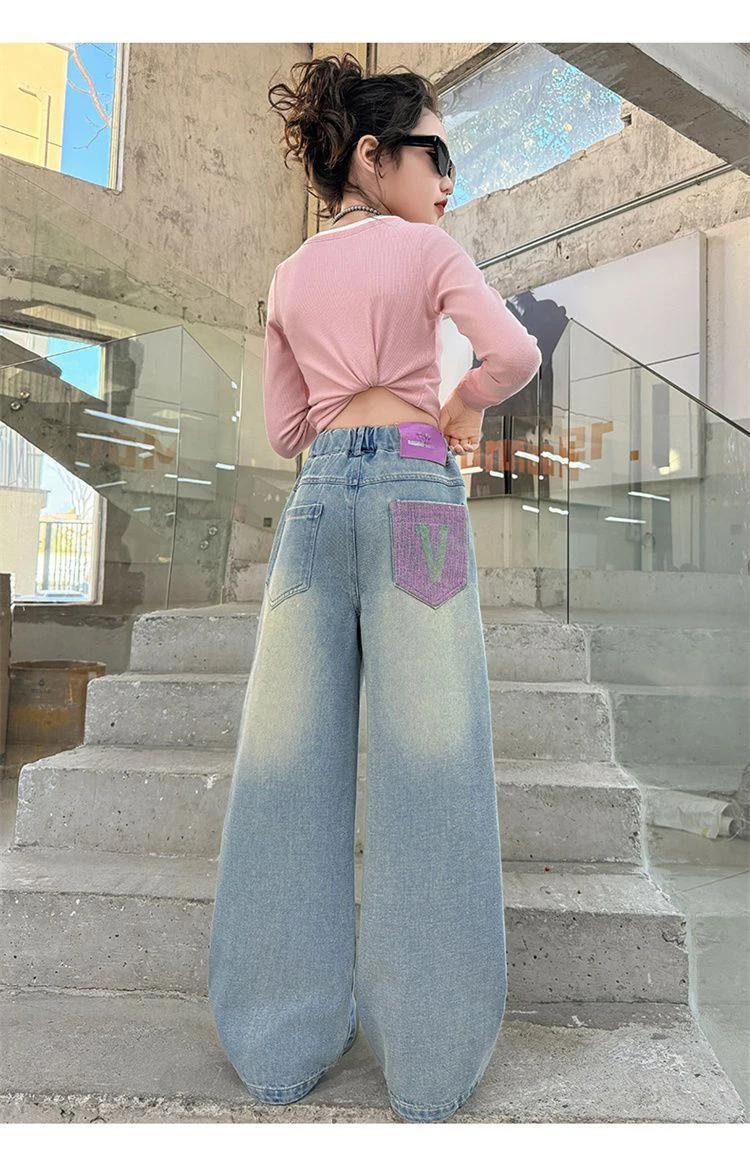 بنطلون جينز واسع الساق للفتيات بخصر مرتفع وطويل، ملابس أطفال عصرية متعددة الاستخدامات لفصل الخريف من ماركة يو بيجيا مع حزام مطرز بنطلون جينز واسع الساق للفتيات بخصر مرتفع وطويل، ملابس أطفال عصرية متعددة الاستخدامات لفصل الخريف من ماركة يو بيجيا مع حزام مطرز