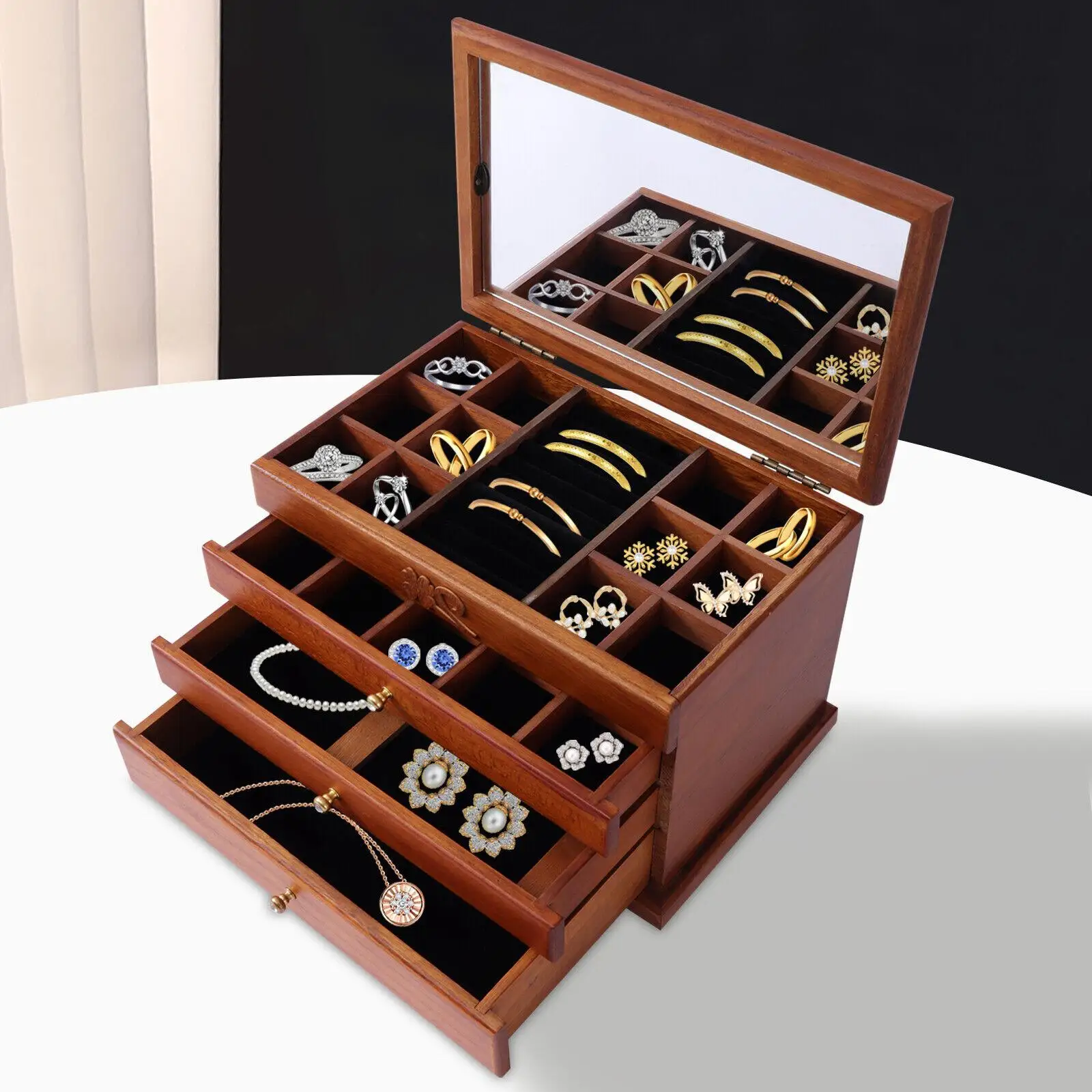 4-tier Wooden Jewelry Storage Box Watches Earrings Necklaces Rings Container with Drawer and Mirror
4-tier Wooden Jewelry Storage Box Watches Earrings Necklaces Rings Container with Drawer and Mirror