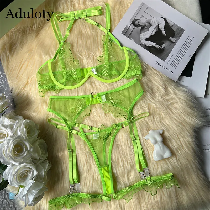

Aduloty Women Sexy Underwear Thin Mesh Perspective Exquisite Flower Embroidered Bra Erotic Lingerie garters thong Set