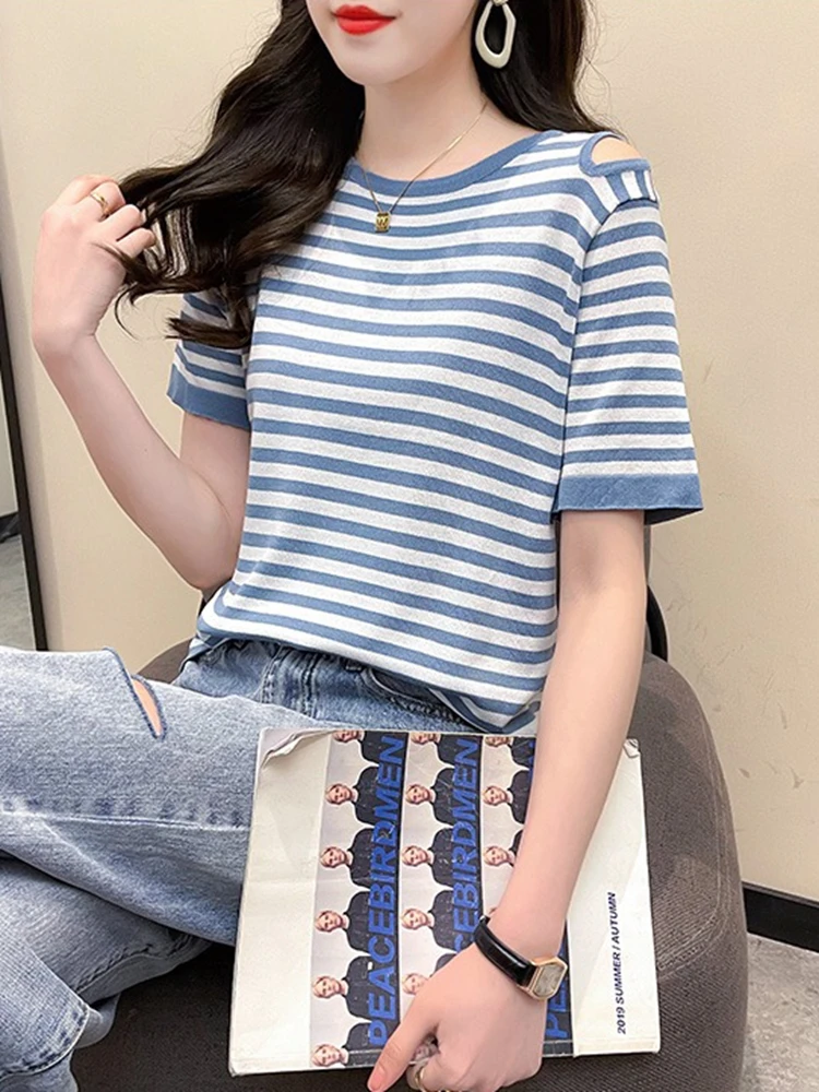 Short Sleeve Femme T-shirts Knitted T Shirt Women Clothes Striped Woman Tshirts O-Neck T-shirty Damskie Poleras Mujer
Short Sleeve Femme T-shirts Knitted T Shirt Women Clothes Striped Woman Tshirts O-Neck T-shirty Damskie Poleras Mujer