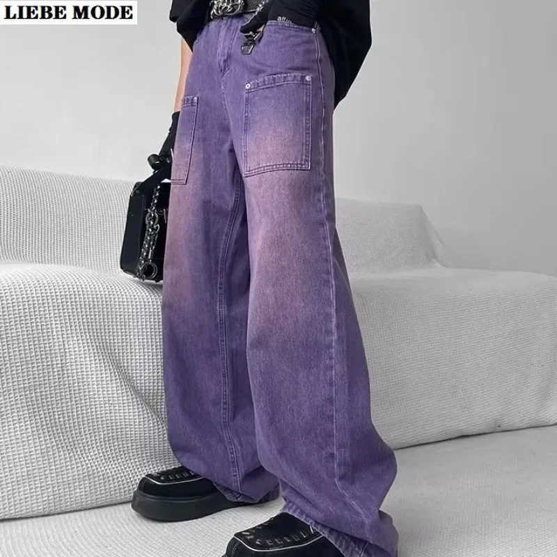 

Осенние женские мешковатые джинсы в стиле бойфренда, фиолетовые широкие джинсовые брюки для мам, Женские винтажные свободные прямые брюки Y2k с высокой талией