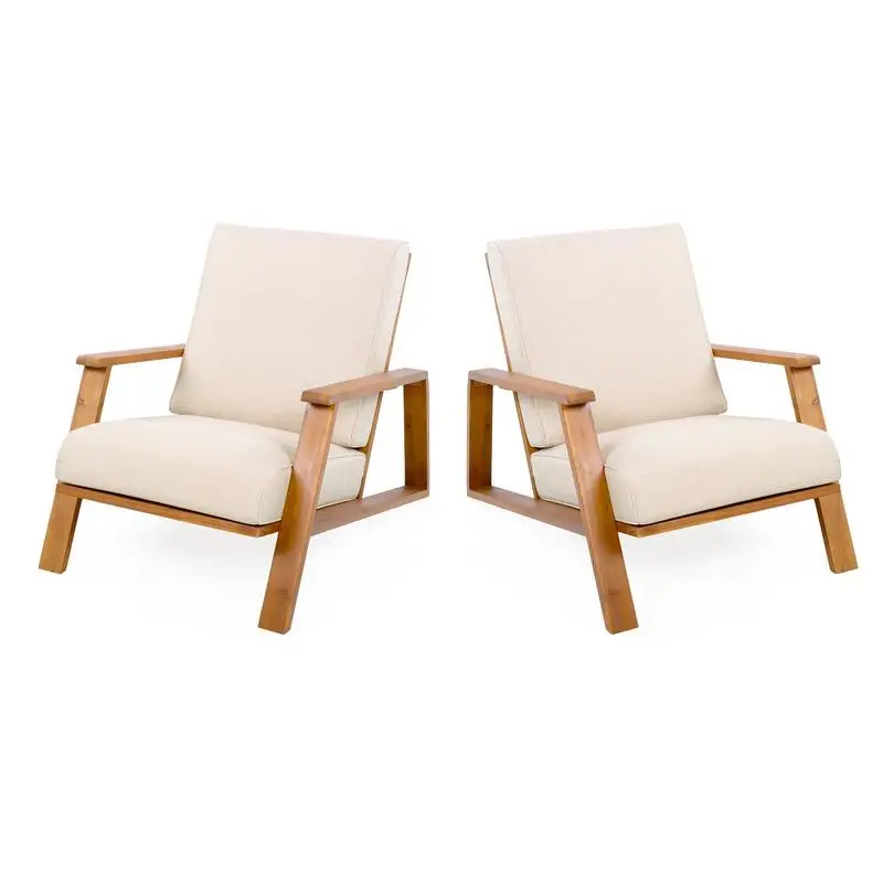 Set of 2 Outdoor Club Chairs with Beige Cushions and Teak Acacia Wood Frame for Patio Lounge Set of 2 Outdoor Club Chairs with Beige Cushions and Teak Acacia Wood Frame for Patio Lounge