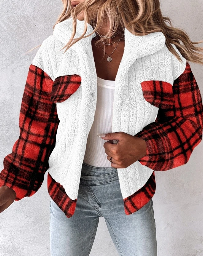 

Jacket for Women 2023 New Winter Plaid Print Flap Detail Teddy Jacket Turn-Down Collar Long Sleeved Warm Casual Short Jacket