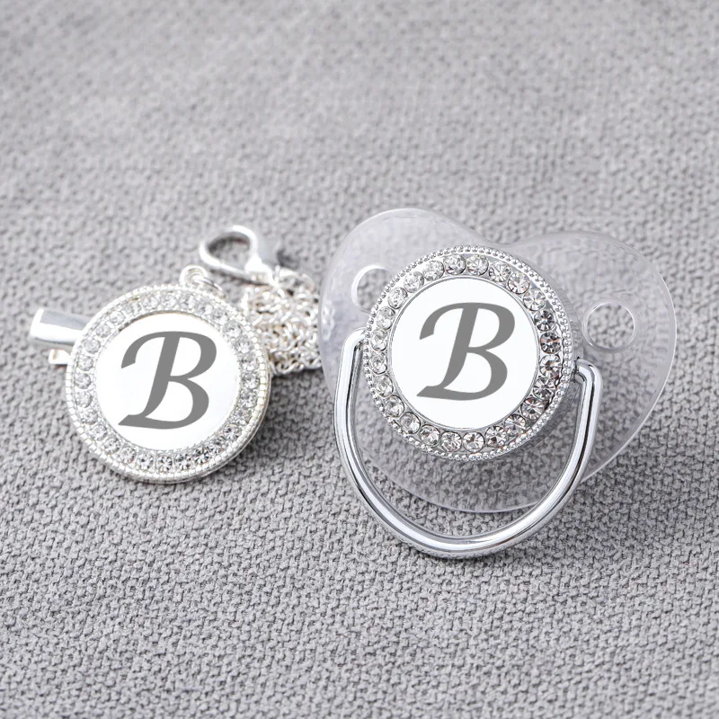 

26 Initial Letters Silver Transparent Baby Pacifier with Clip Newborn BPA Free Luxury Bling Dummy Nipple Chain Soother Chupeta