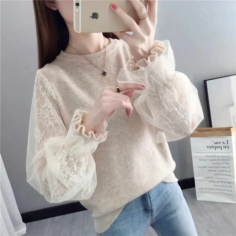 

2023 Autumn Mesh Long Sleeve Knitted Sweater Female O-neck Loose Korean Stitching Lantern Sleeve Elegant Lace Tosp Jumper Spring