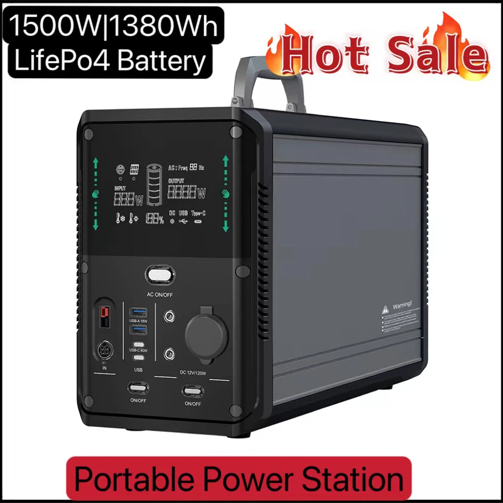 Portable Power Station 1500W|1380Wh LiFePo4 Battery 500w solar high-power charging for camping, home appliance and 3C
Portable Power Station 1500W|1380Wh LiFePo4 Battery 500w solar high-power charging for camping, home appliance and 3C