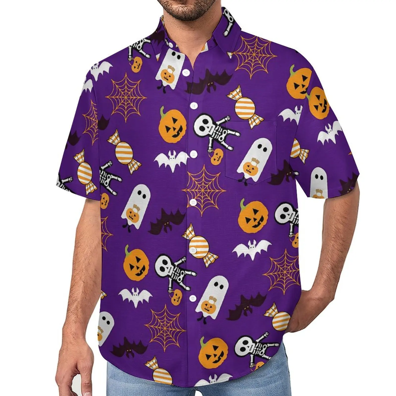 

Cute Ghost Blouses Men Halloween Pumpkin Spooky Casual Shirts Hawaii Short Sleeves Graphic Aesthetic Oversized Vacation Shirt