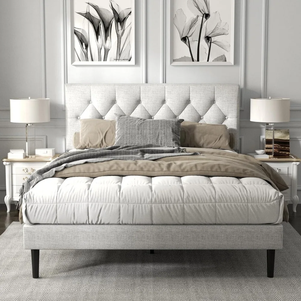 Queen Size Platform Bed Frame with Upholstered Button Tufted Headboard, Mattress Foundation with Wooden Slat Support, Noise Free
Queen Size Platform Bed Frame with Upholstered Button Tufted Headboard, Mattress Foundation with Wooden Slat Support, Noise Free