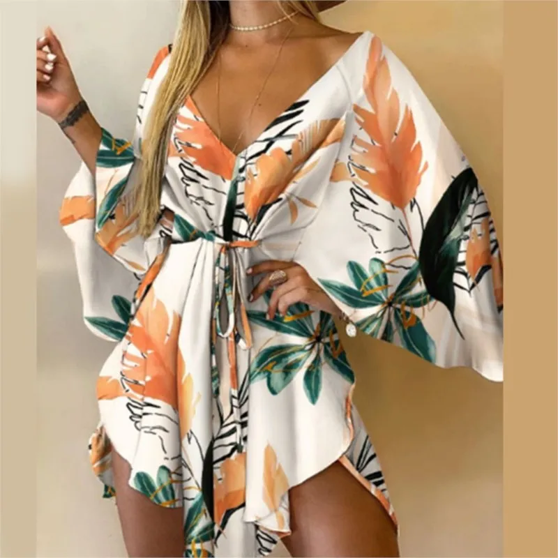 

Sexy Women Mini Dress Floral Print V Neck 3/4 Bat Sleeve Lace Up Irregular Hem Casual Loose Beach Cover Up Dress Vestido Mujer