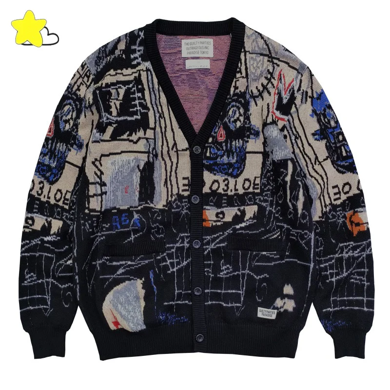 Hip Hop Streetwear Full Graffiti Jacquard WACKO MARIA Knitted Cardigan Men Women Hawaiian Style V-Neck Sweater With Tag
Hip Hop Streetwear Full Graffiti Jacquard WACKO MARIA Knitted Cardigan Men Women Hawaiian Style V-Neck Sweater With Tag