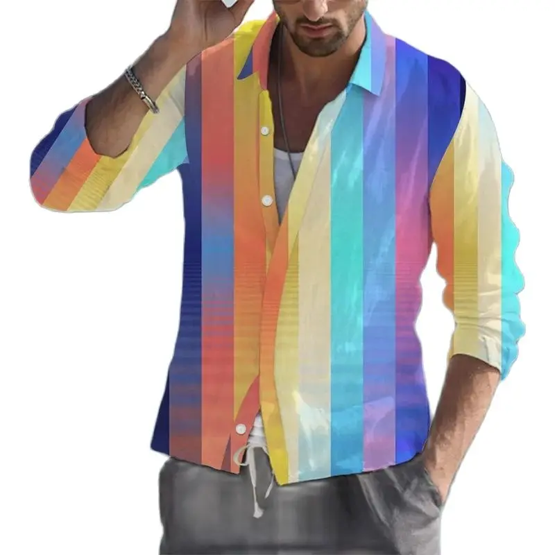 

2023 new summer men's digital printed line design sense young men casual trend long-sleeved shirt