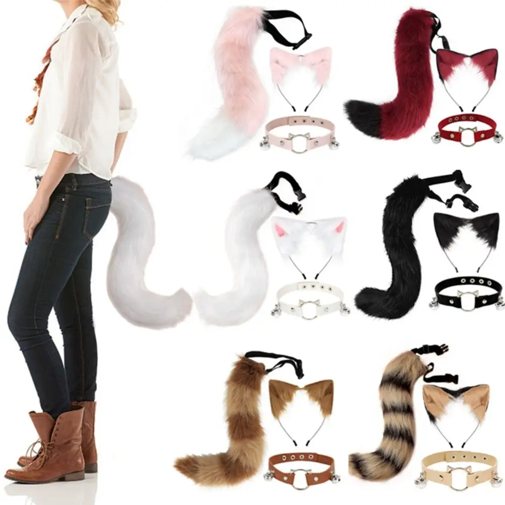 

Masquerade Party Fake Fox Wolf Tail Novelty Simulation Plush Tail Set Animal Ears Headband Halloween Day