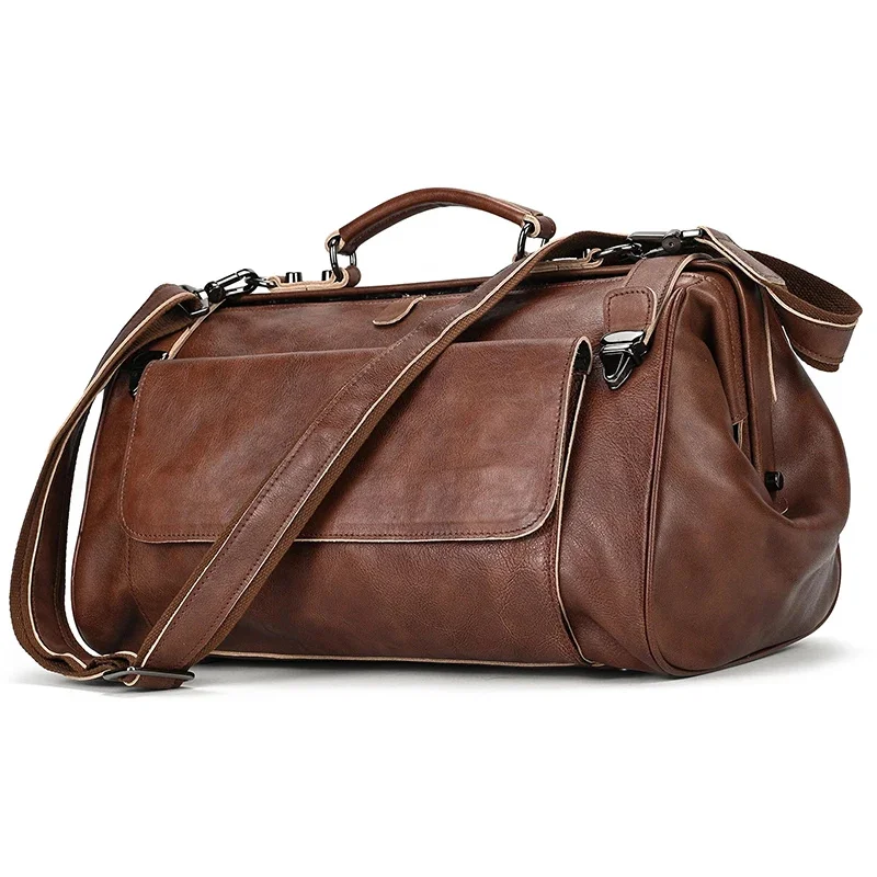 

Real Luxury Fashion Handbags Men Male Leather Duffle Bags For Business Flights 45cm travel bag genuine leather designer