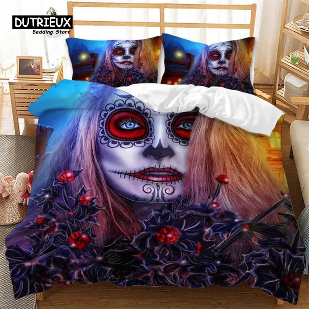 

Sugar Skull Duvet Cover Gothic Skeleton Floral Bedding Set Polyester Halloween Horror Theme Comforter Cover King For Boys Girls