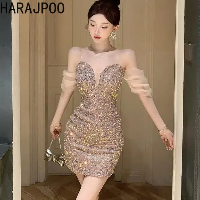 Элегантное соблазнительное вечернее платье Harajpoo с блестками и открытой спиной, Сетчатое лоскутное платье на бретелях, Короткое облегающее бедра платье
Элегантное соблазнительное вечернее платье Harajpoo с блестками и открытой спиной, Сетчатое лоскутное платье на бретелях, Короткое облегающее бедра платье
