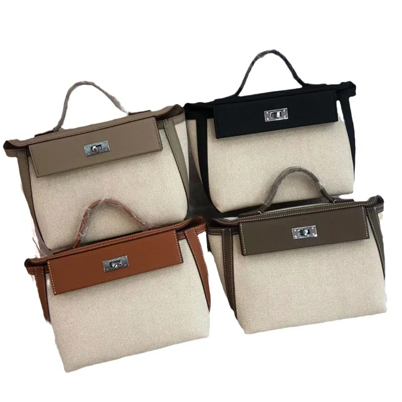 

Genuine Leather and Canvas Bag Head Layer Cowhide Senior Fashion Casual Flap Square Shoulder Top Handle Bags Cowhide Women's Bag