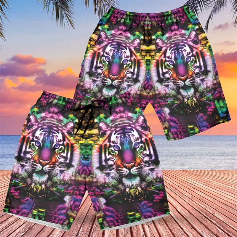 

Tropical Tiger 3D Printed Hawaiian Beach Shorts Casual Aloha Animal Cat Graphic Short Pants For Men Clothes Vacation Kids Trunks