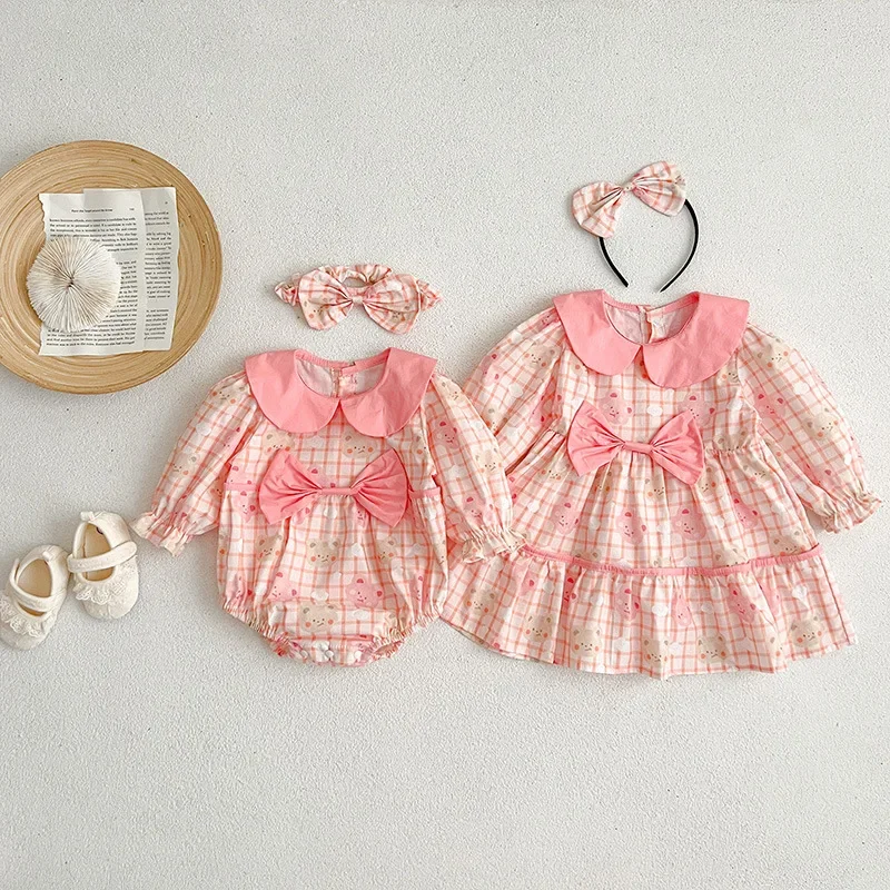 

Big Sister Little Sister Clothes Twinset Girls Clothing Baby Body Pink Children Plaid Long Sleeve Dress Bow Newborn Cute Romper