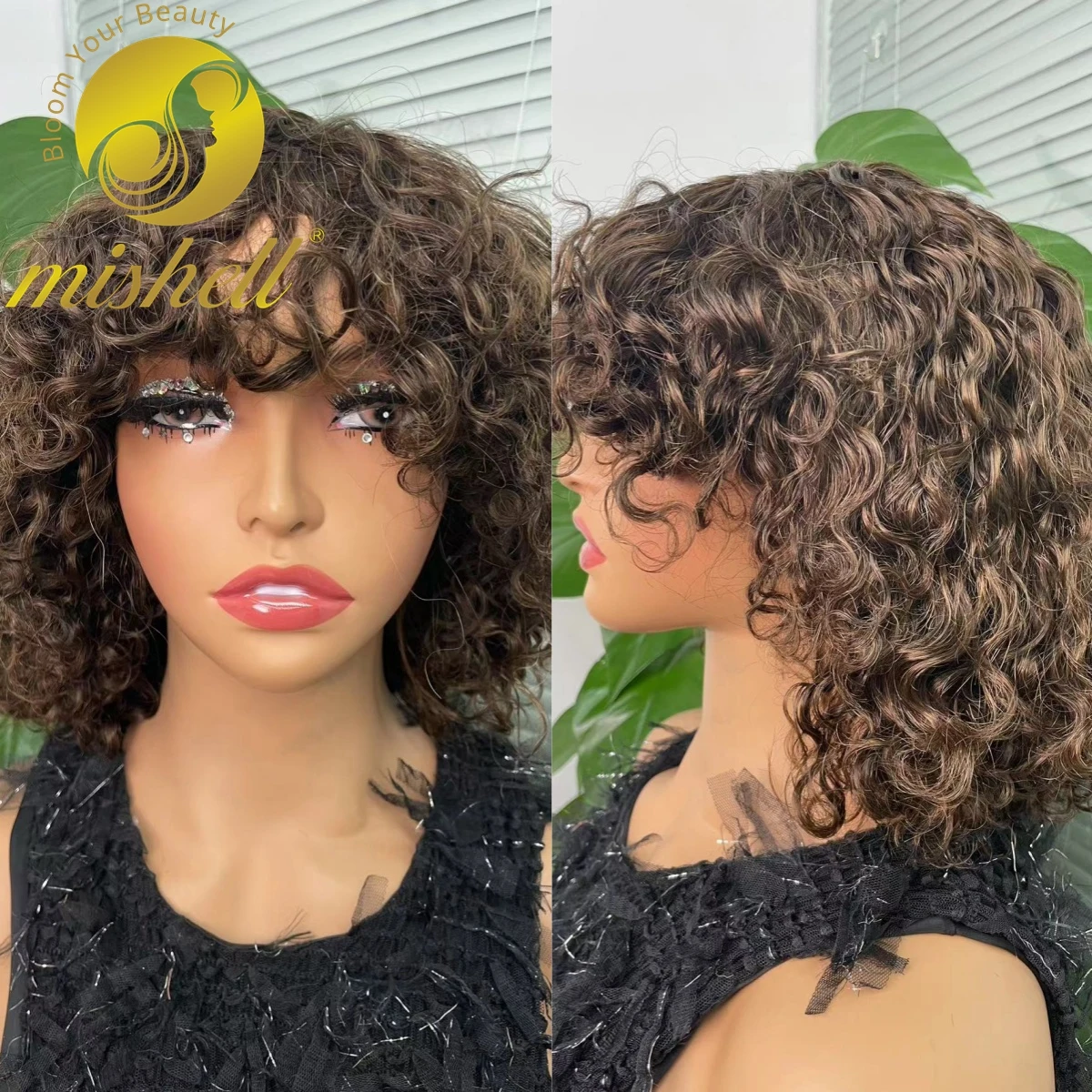 

200% Density Chocolate Brown Full Machine Made Water Wave Wig with Bangs Short Jerry Curly Human Hair Bob Wigs 12inch for Women