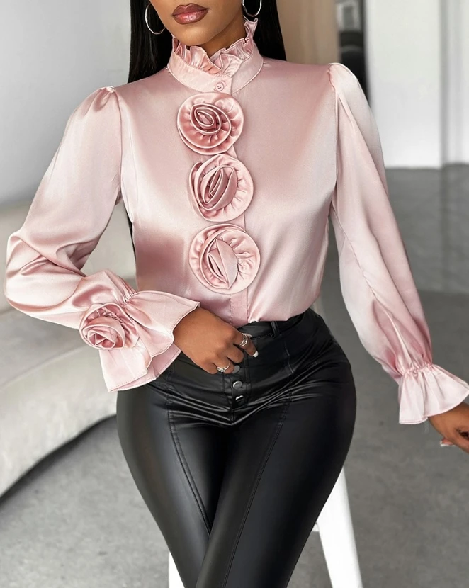 

Women's Elegant Rose Detail Frill Hem Bell Sleeve Top Temperament Commuting Spring Female Fashion Stand Collar Casual Blouses