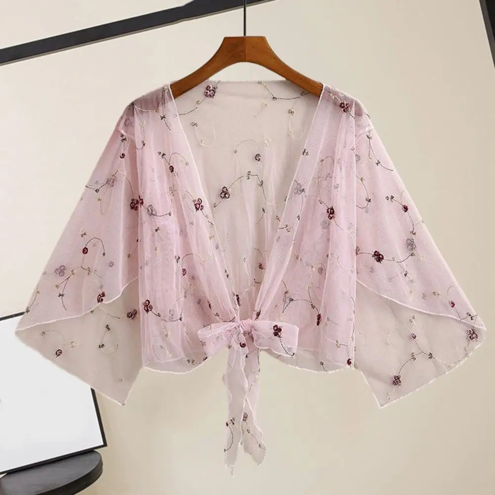 

Summer Embroidery Flower Pattern Lace Cover Up 3/4 Flared Sleeve Front Lace-up Thin Sunscreen Cardigan Coat For Lady