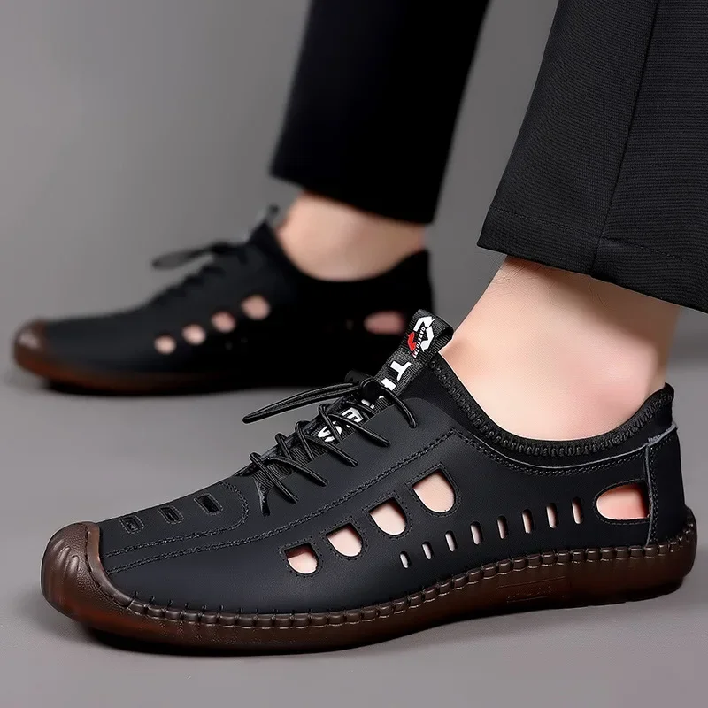 

Summer New Black Men's Casual Sandals Fashion Hollow Out Breathable Shoes Flat Business Soft Bottom Sneakers Sandalias Hombre