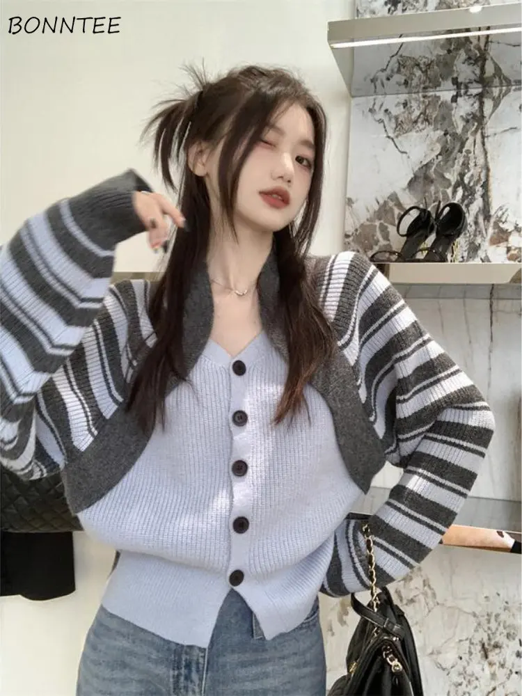 

Knitted Cardigans Women Vintage Chic Ulzzang Sweet Patchwork Designed Streetwear Simple All-match Schoolgirl New Autumn Trendy