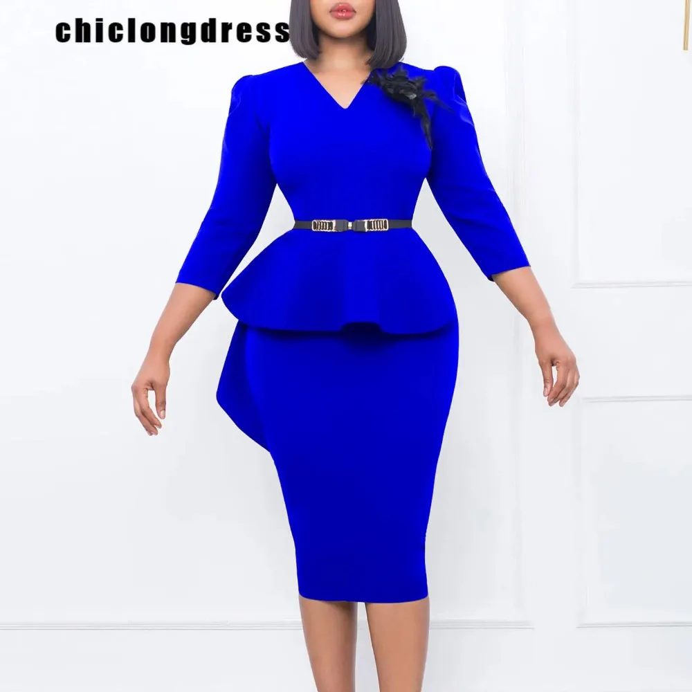 

Women's Monochromatic Pencil Dress, OL, Round Neck, Long Sleeve, Ruffle Belt, Slim, Elegant, Spring, Autumn, Fashion