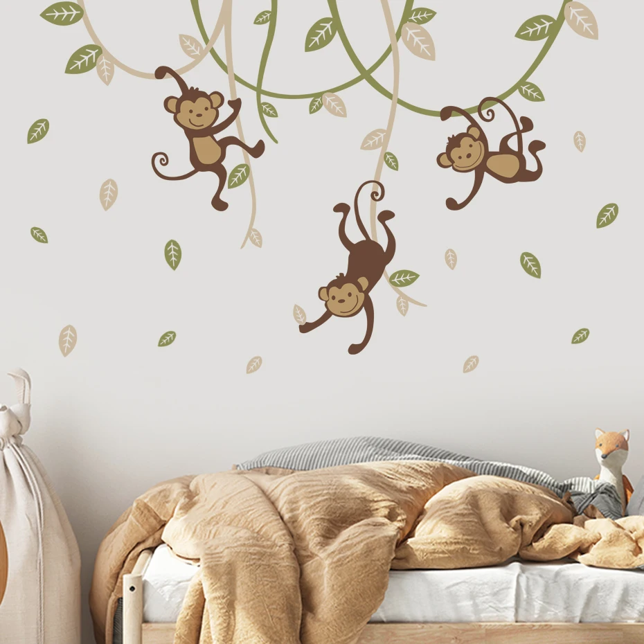 

Boho Monkey Hanging on Branch Leaves Jungle Wall Sticker Nursery Vinyl Wall Decal Boys Baby Bedroom Playroom Interior Home Decor