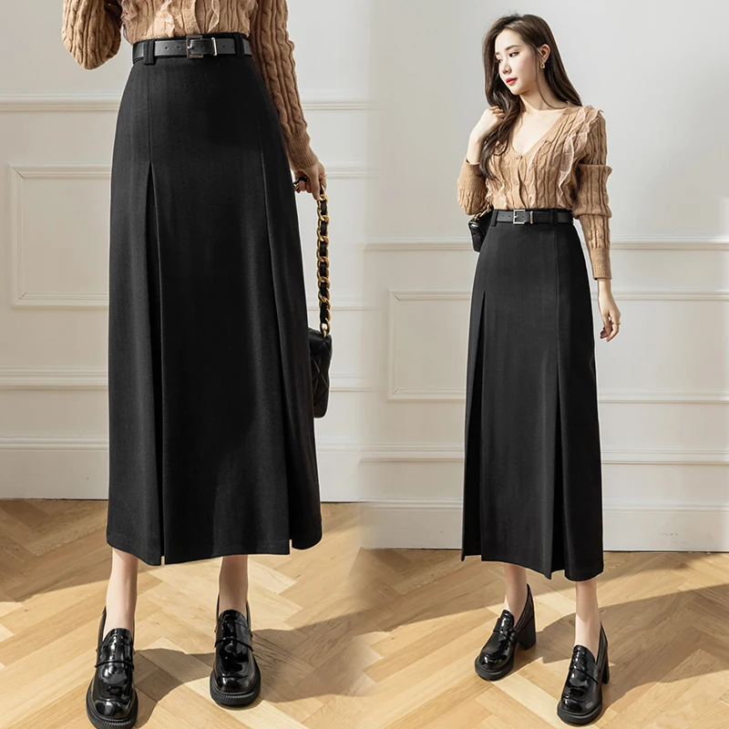 

Ladies Elegant Fashion Large Hem Pleated Long Black Skirt Women Clothes Girls Korean Skirts Chic Casual Faldas Largas Py1224-1