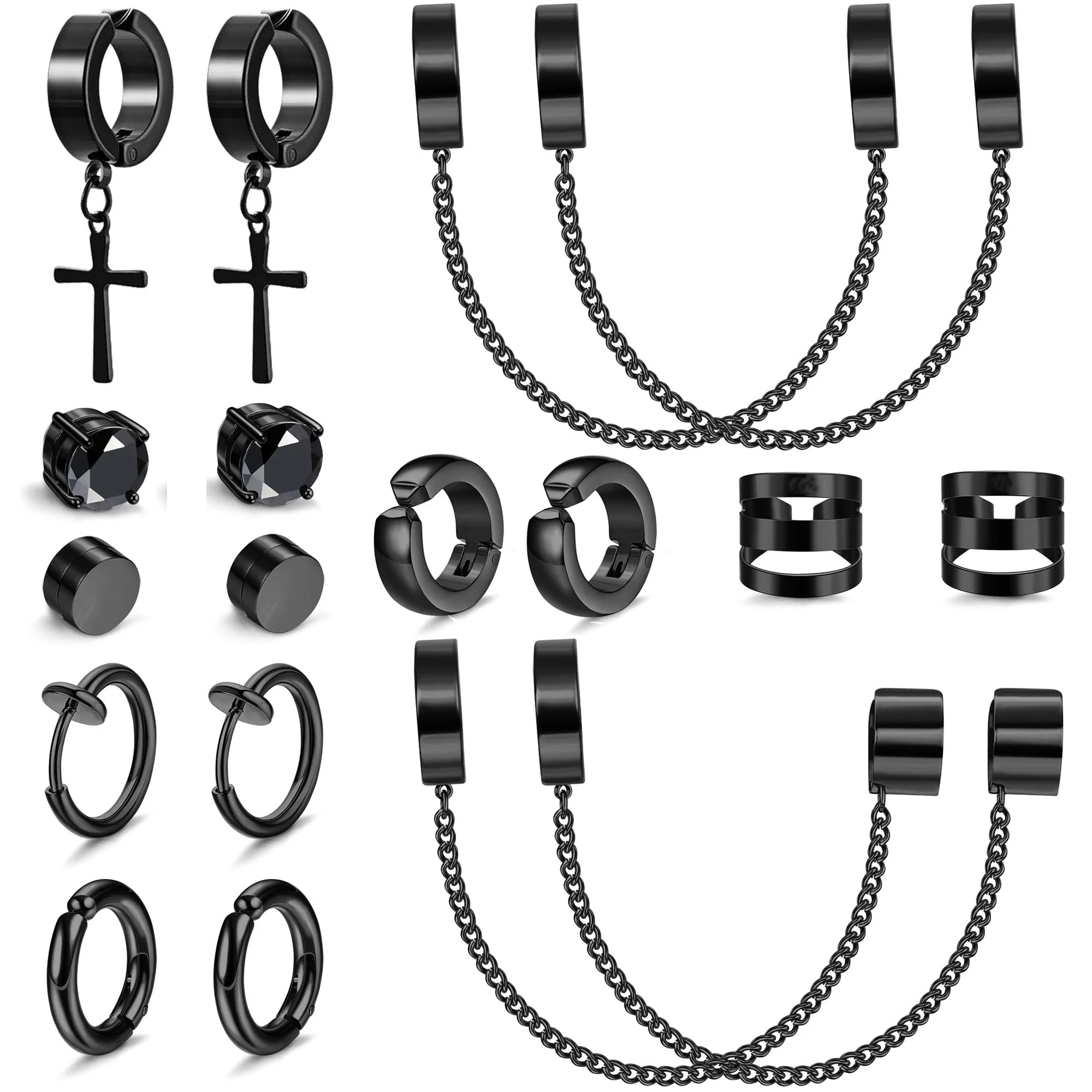 

1-9 Pairs Black Color 316L Stainless Steel Non-Piercing Clip on Cross Chain Dangle Hoop Earrings CZ Magnetic Stud Earrings Set