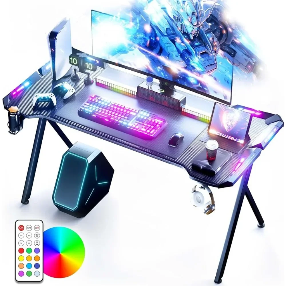 

Gaming Desk with LED Lights,RGB Computer Table with Carbon Fibre Surface,LED Home Office Desk with Remote Control,47 In Black