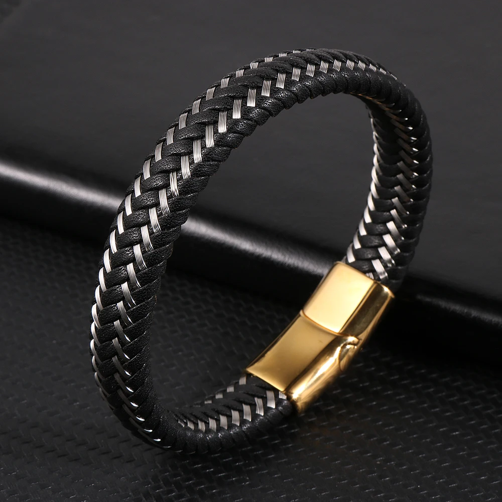 

Genuine Leather Cuff Men's Wrist Bracelet Stainless Steel Punk Rock Bangles Silver Gold Magnetic Clasp Male Friendship Jewelry