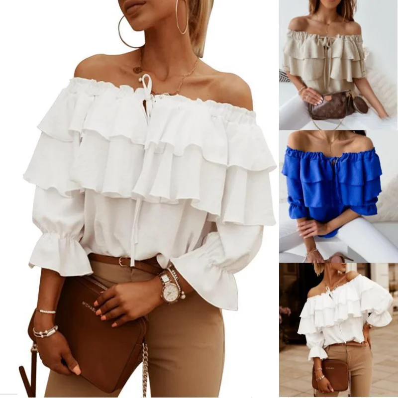 Women's One Line Collar Chiffon Blouse, Lace Up, Ruffle Edge, Casual Loose Fitting, Middle Sleeve Blouses
Women's One Line Collar Chiffon Blouse, Lace Up, Ruffle Edge, Casual Loose Fitting, Middle Sleeve Blouses