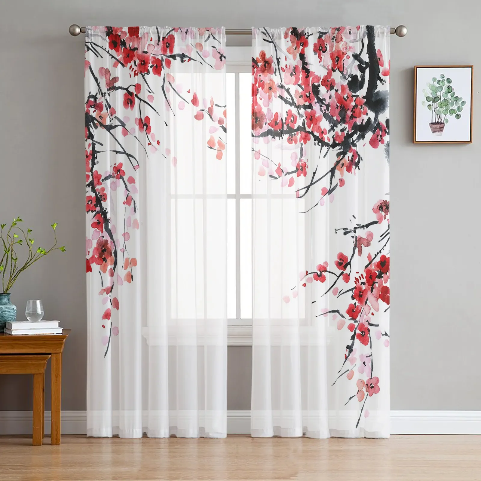 

Ink Painting Plum Bossom Red Flowers White Tulle Sheer Curtains for Living Room Bedroom Window Curtain Voile Organza Drapes