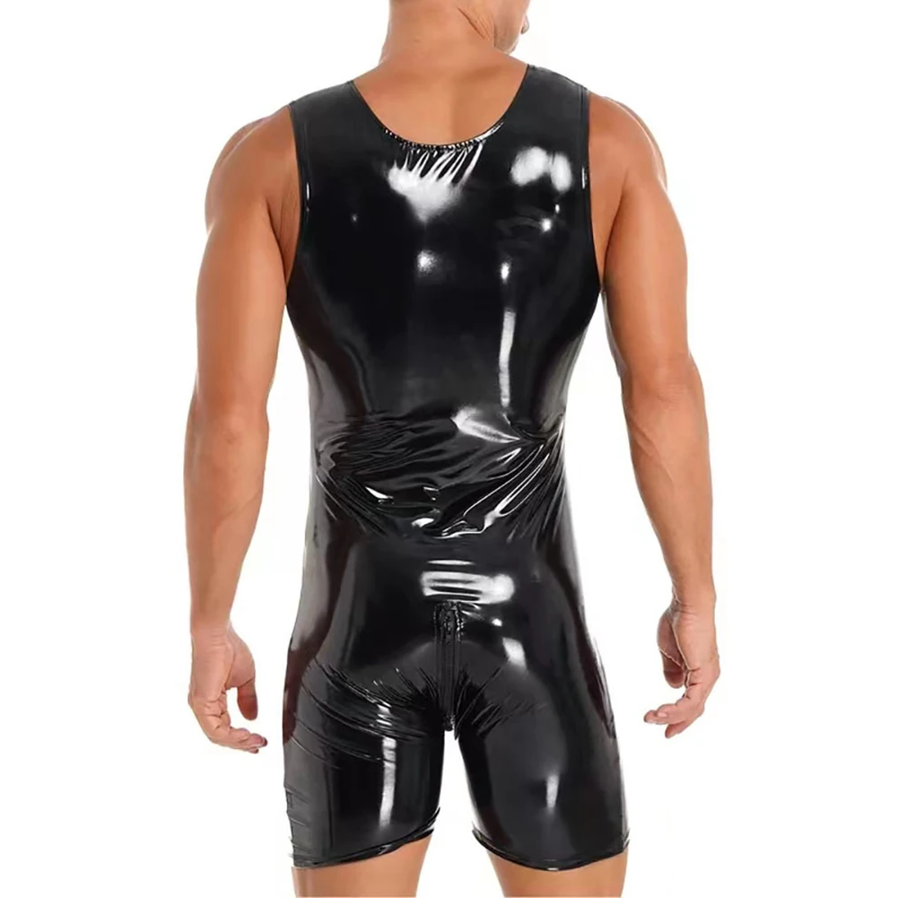 

Wet Look Men's Bodysuit Round Neck Jumpsuit with Zip Suitable for Summer Sleeveless Design Perfect for Clubwear and Costumes
