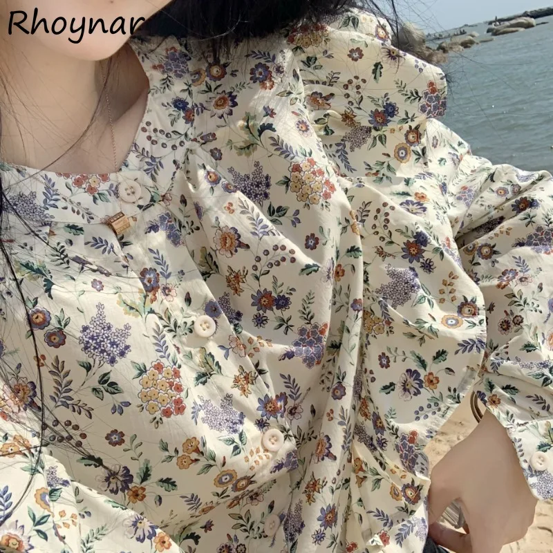 

Женская рубашка с длинным рукавом, Весенняя простая универсальная элегантная мешковатая рубашка в Корейском стиле с цветочным принтом и оборками для повседневного отдыха
