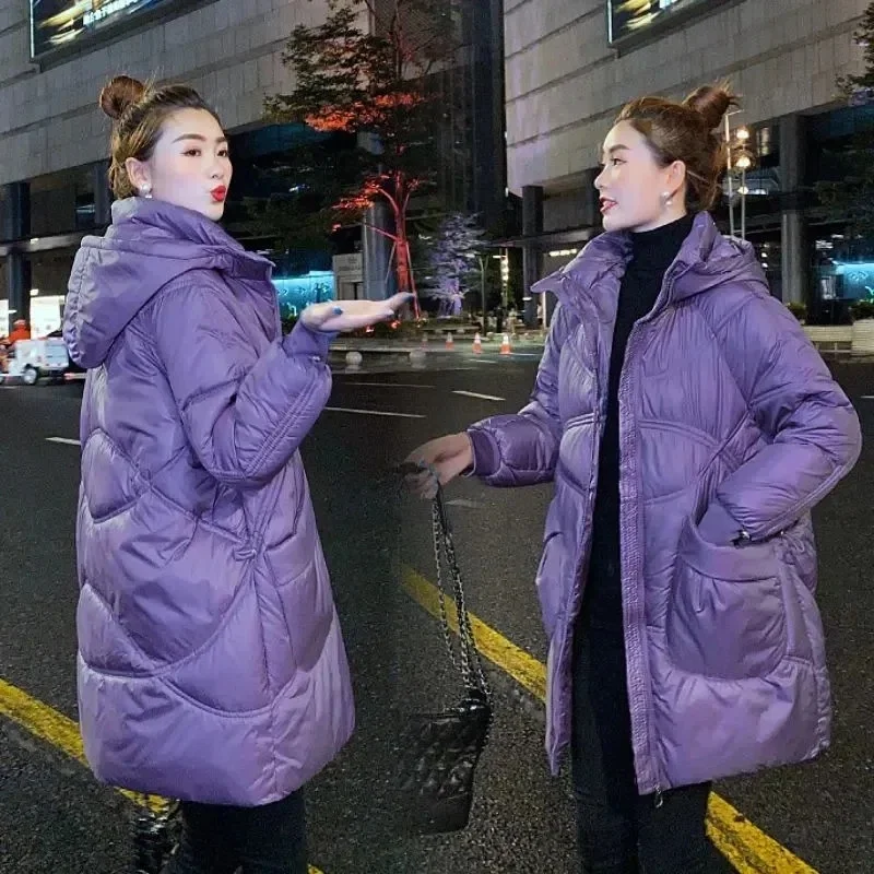 

Winter Mid-length Glossy Women's Padded Coat Commute Dignified Hooded Loose Thick Warm Parkas Wild Bread Clothes Jacket Female
