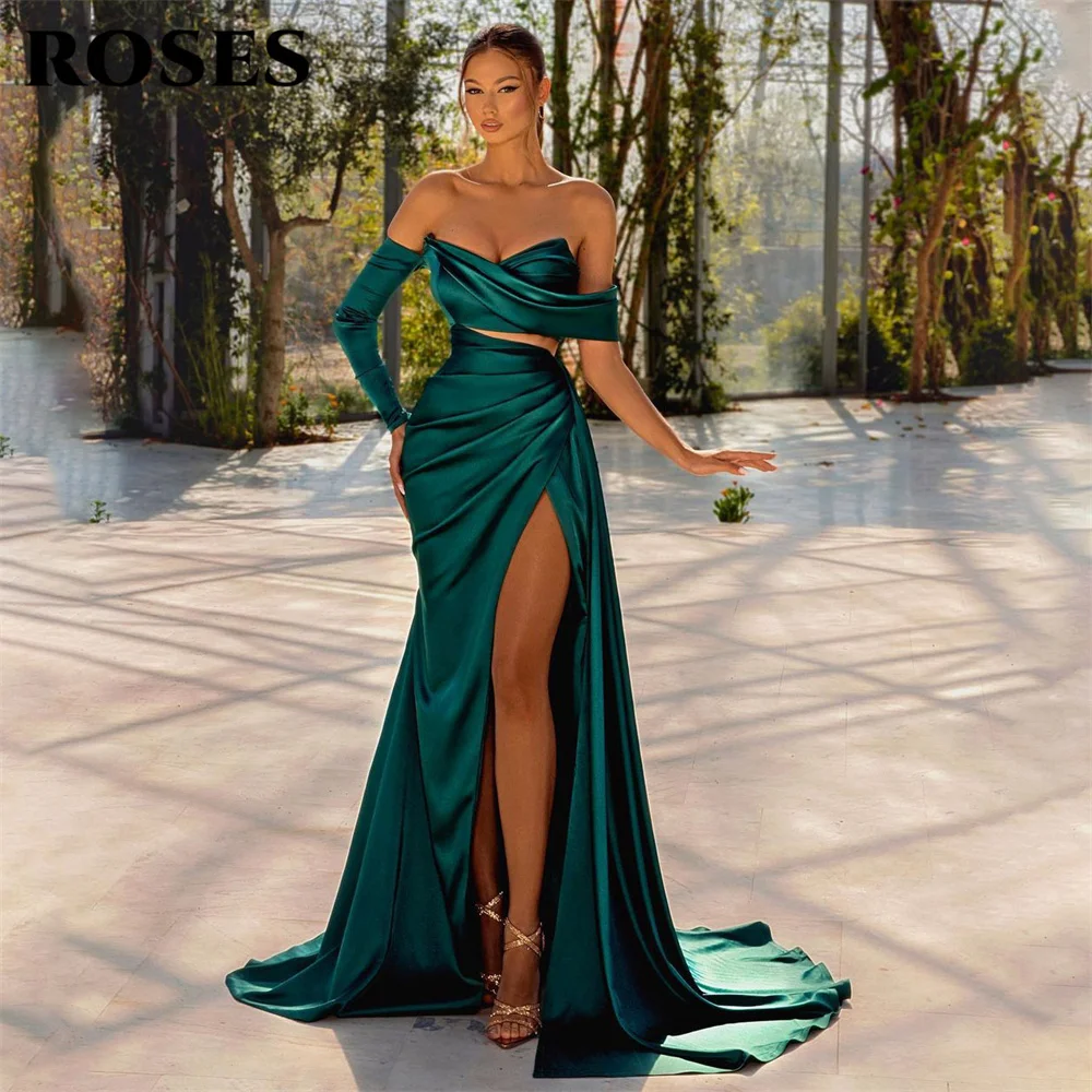 

ROSES Elegant Green Prom Dress Sweetheart Off The Shoulder Evening Dress Wrap Hips Satin Party Dress Side High Split فستان سهرة