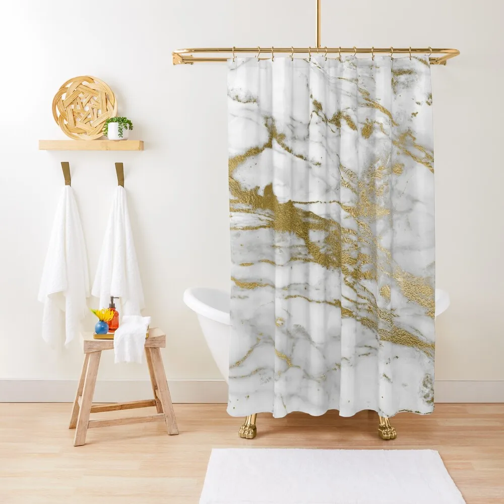 

Gold Veins on Gray and White Faux Marble Shower Curtain Bathroom Curtain For Shower Funny Shower Curtain