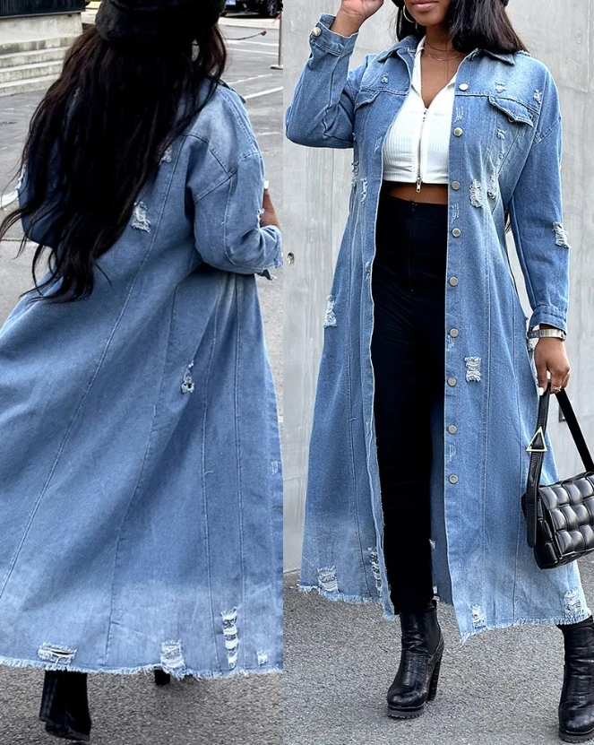 

Women's Long Denim Jacket 2023 Autumn New Ripped Raw Hem Button Front Longline Denim Coat Long Sleeved Loose Fitting Dress Coat