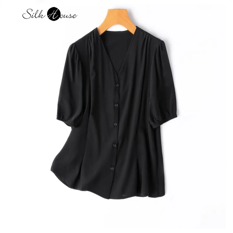 

2024 Women's Fashion Office New 100% Natural Silk Crepe De Chine V-neck Bubble Sleeves Wrapped Waist French Short Sleeve Shirt
